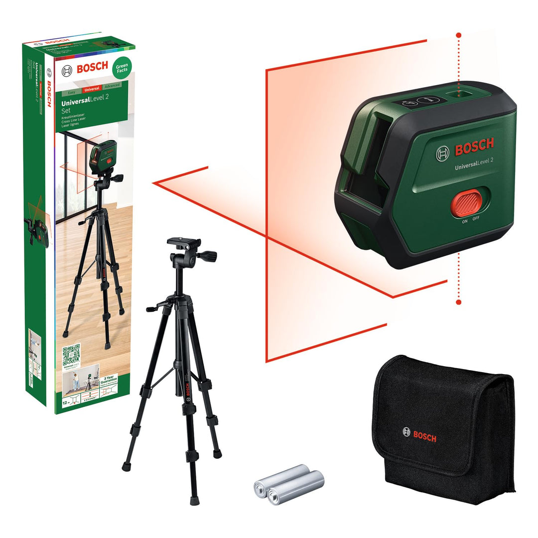 Bosch Kreuzlinienlaser UniversalLevel 2 mit Stativ (Laserkreuz inkl. integrierter Lotpunkte für präz