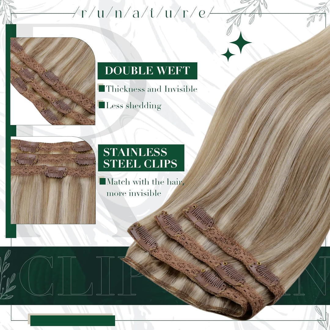 RUNATURE Echthaar Extensions Clip in Remy Haar Clip in Seidig Echthaar Aschbraun mit Platinblond Cli