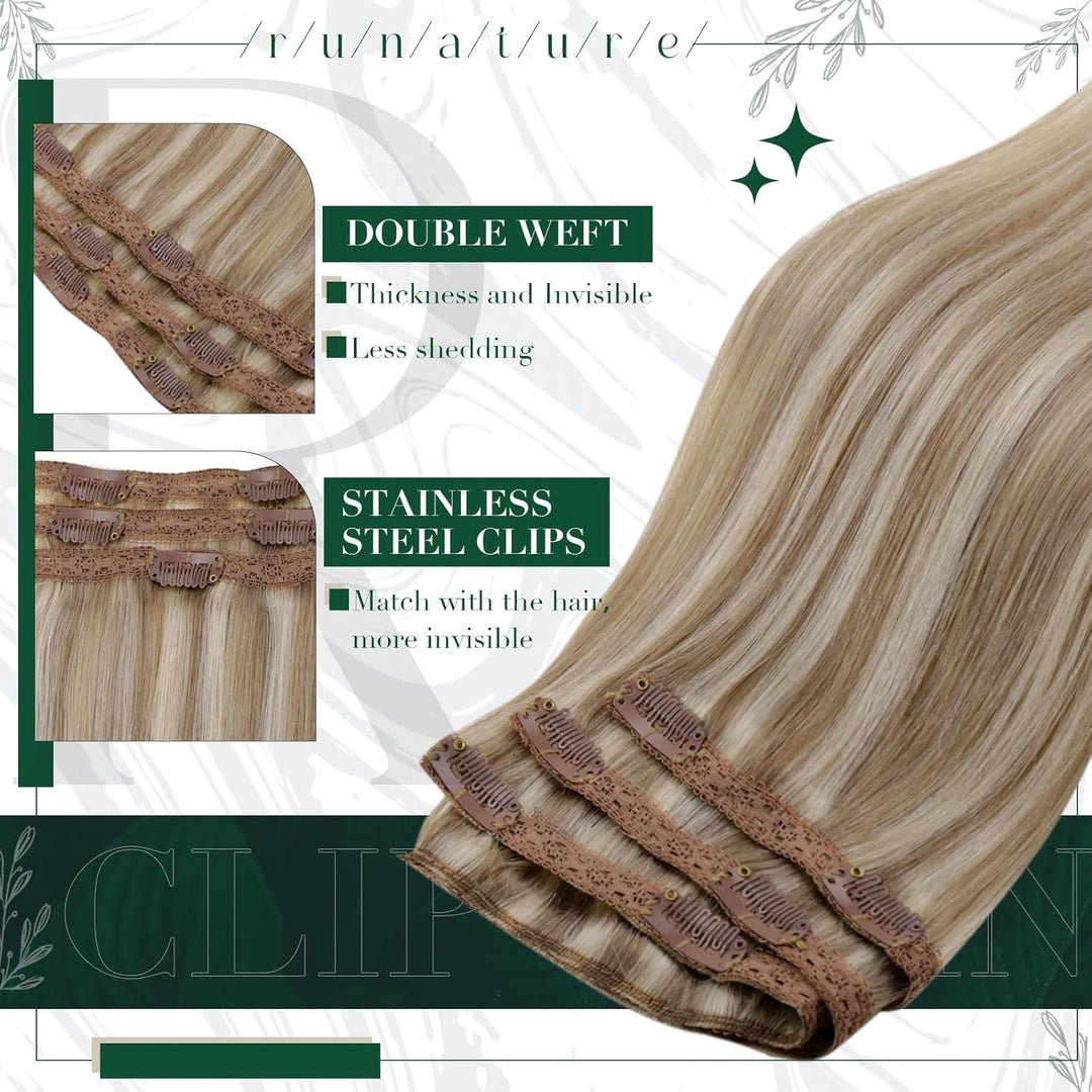 RUNATURE Extensions Clip in Echthaar Aschbraun mit Platinblond Remy Haarverlangerung Echthaar Clip i