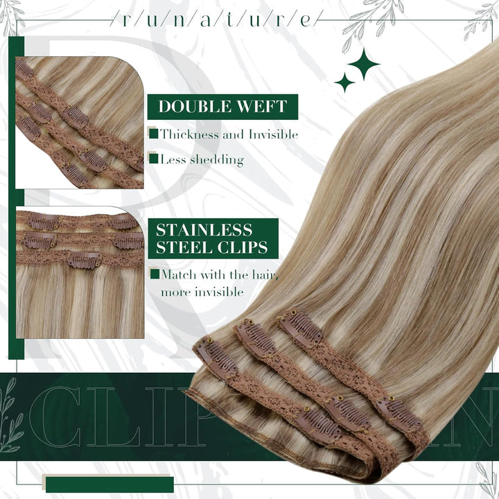 RUNATURE Extensions Clip in Echthaar Aschbraun mit Platinblond Remy Haarverlangerung Echthaar Clip i