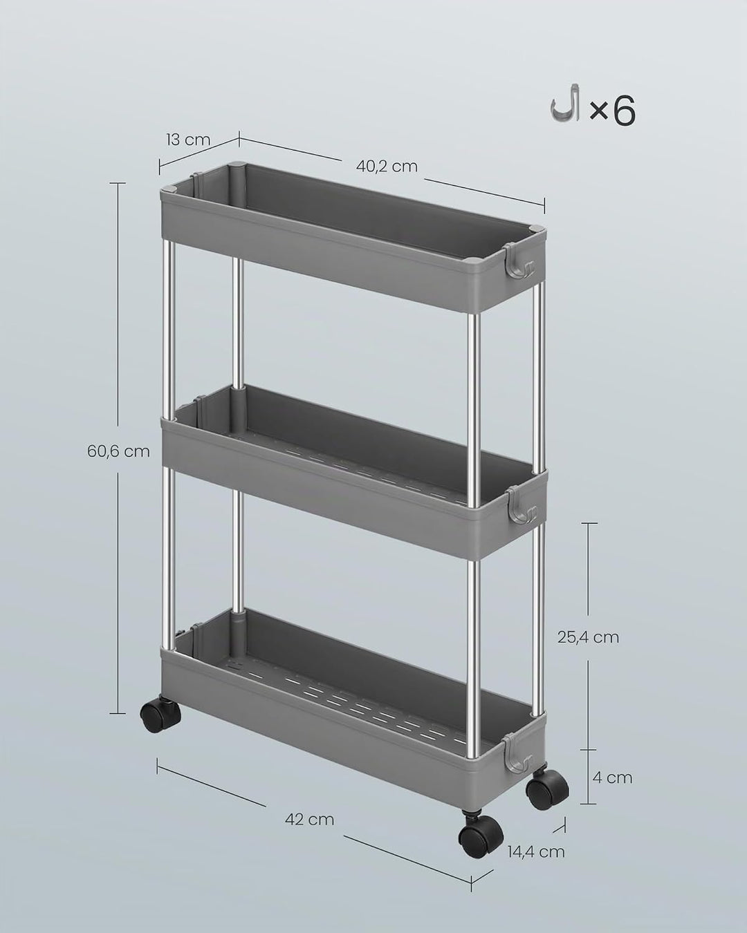 SONGMICS Rollwagen, Küchenwagen, Küchenregal, Nischenregal, mit 6 Haken, 360° drehbare Räder, Stahlg
