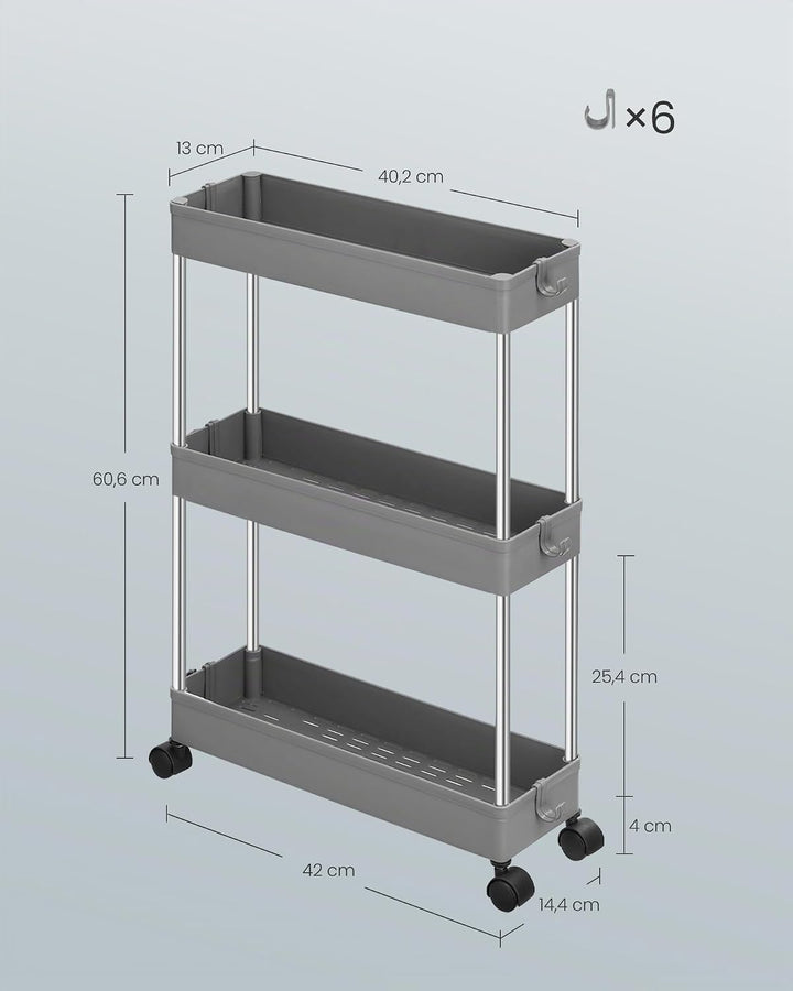 SONGMICS Rollwagen, Küchenwagen, Küchenregal, Nischenregal, mit 6 Haken, 360° drehbare Räder, Stahlg