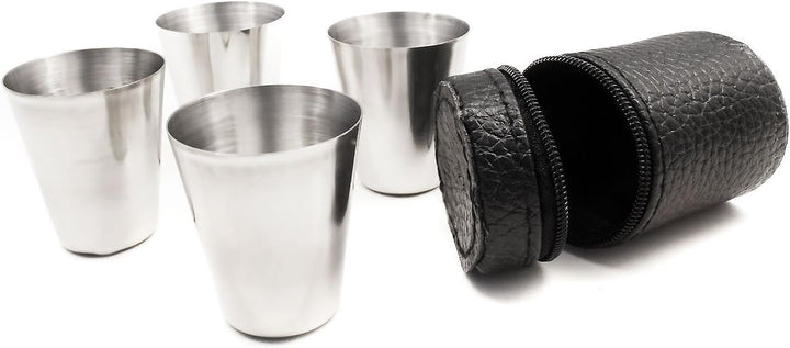 Edelstahl Flachmann Geschenk-Set, Brust-Flasche, Einfüll-Trichter, 4 Becher, Leder-Tasche, in Gesche