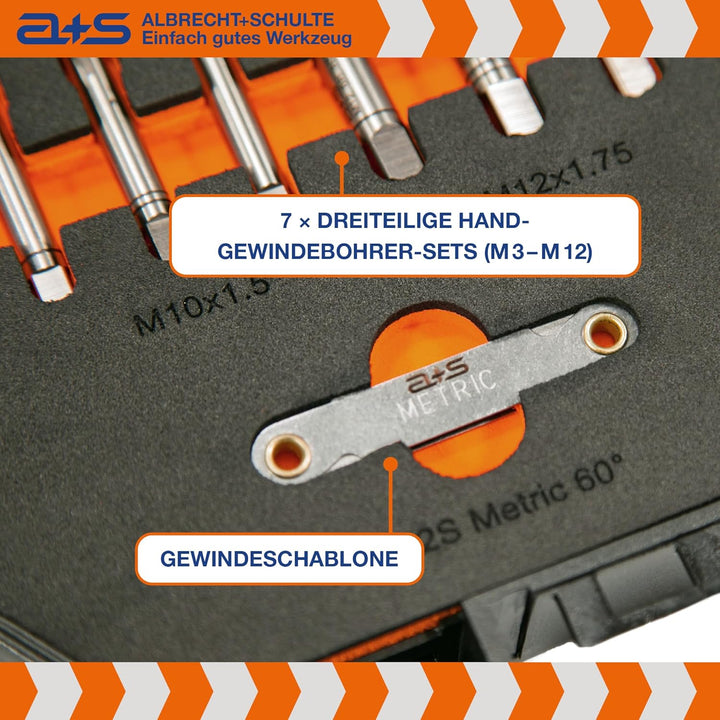 a+s HSS-G Gewindeschneider Set | M3 bis M12 | 45-teilig | Gewindebohrer & Schneideisen | Spiralbohre