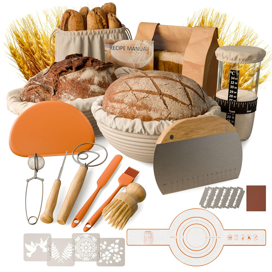 Brot Gärkorb Sauerteig Starter Set,25 cm & 23 cm Proofing Basket Bread Baking with Sourdough Starter