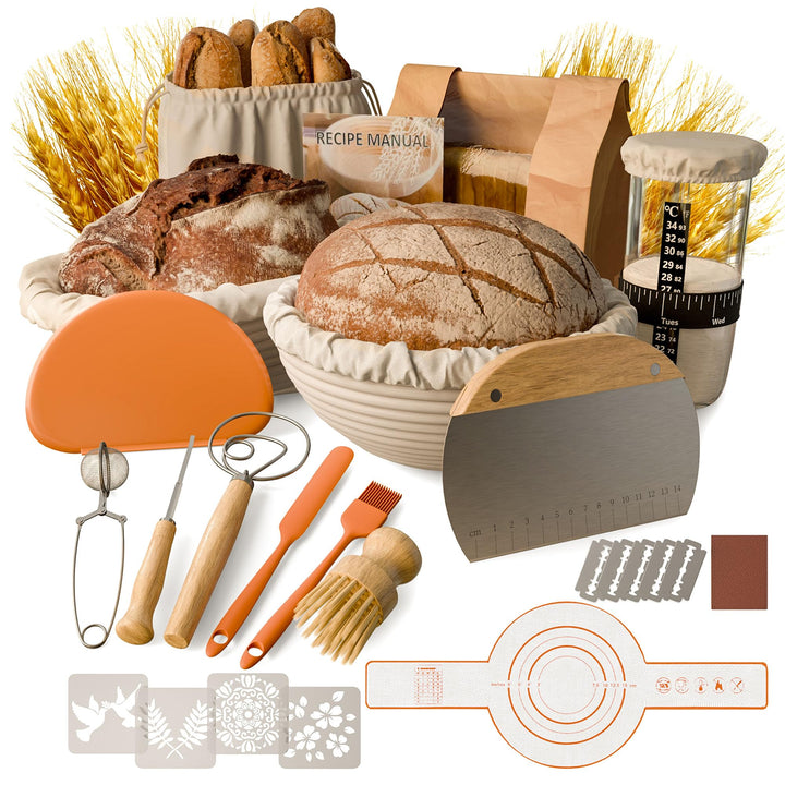 Brot Gärkorb Sauerteig Starter Set,25 cm & 23 cm Proofing Basket Bread Baking with Sourdough Starter