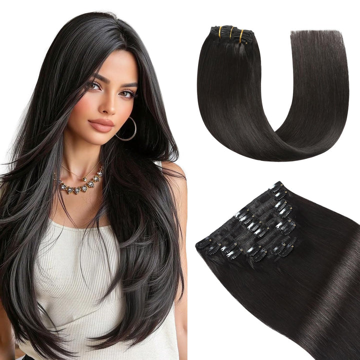 YILITE Clip in Extensions Echthaar 40cm 100% Echthaar Extensions Clip 16 Zoll 8 Stück 120g Unsichtba