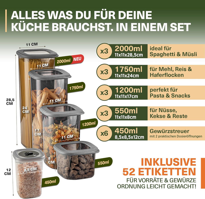 Vorratsdosen Set 18-teilig – inkl. 2,0L Spaghetti Box & 6 Gewürzdosen mit Dosierdeckel – stapelbare