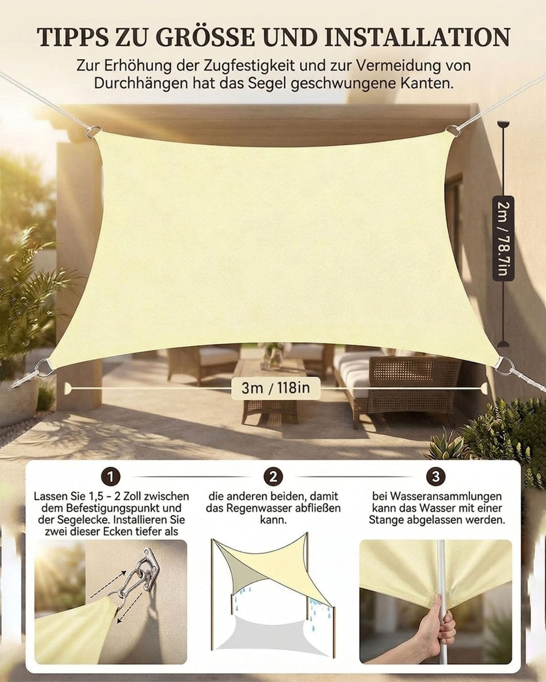 Sonnensegel Rechteckig 2x3m mit Befestigungsset, HDPE Gewebe wasserdicht und reissfest, UV-Schutz, w