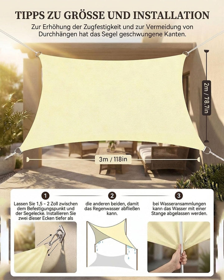 Sonnensegel Rechteckig 2x3m mit Befestigungsset, HDPE Gewebe wasserdicht und reissfest, UV-Schutz, w