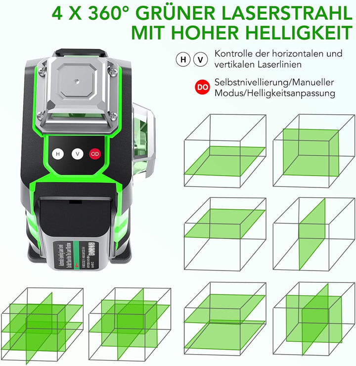 Kreuzlinienlaser 4x360°, FELLAT Grün Selbstnivellierend Laser Wasserwaage 16 Linienlaser Rotationsla
