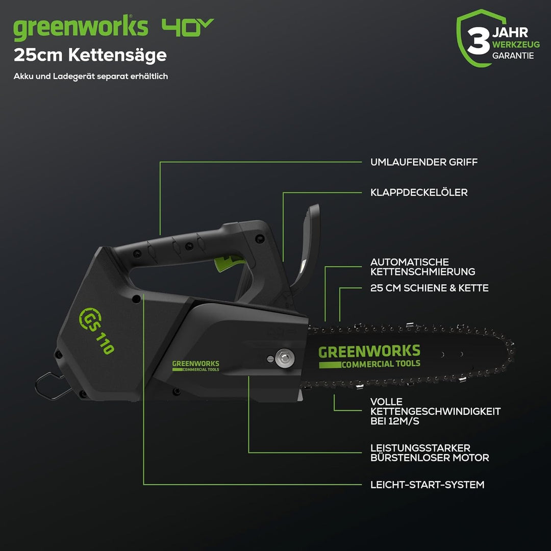 Greenworks GD40TCS Akku Kettensäge mit bürstenlosem Motor, 25 cm Blattlänge, 12 m/s Kettengeschwindi