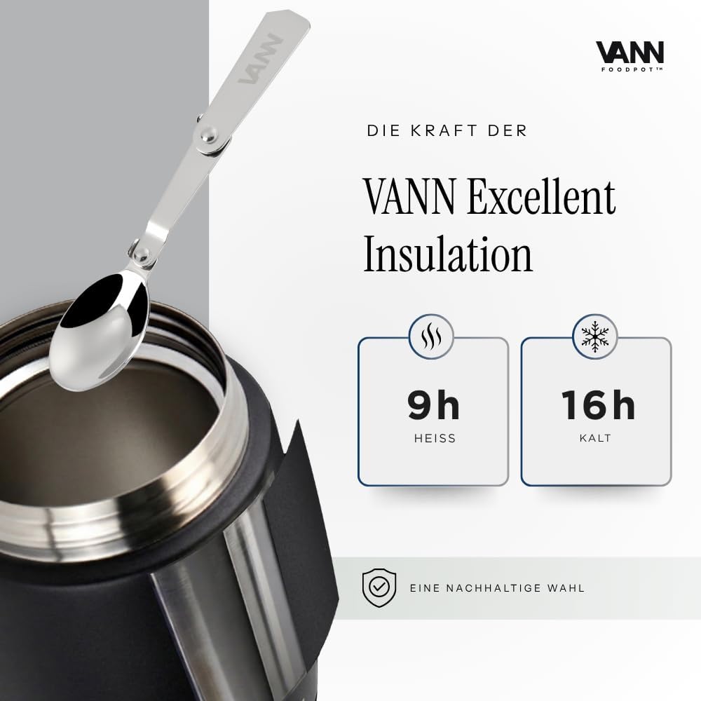 VANN Thermobecher für Essen 450 ml – Thermobehälter [16h kalt, 9h warm] – Recycelte Edelstahl Thermo