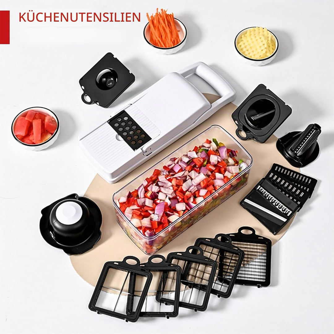 25-in-1 Gemüseschneider mit 13 Klingen – Gemüsehobel – Lebensmittelzerkleinerer mit Behälter – Käser