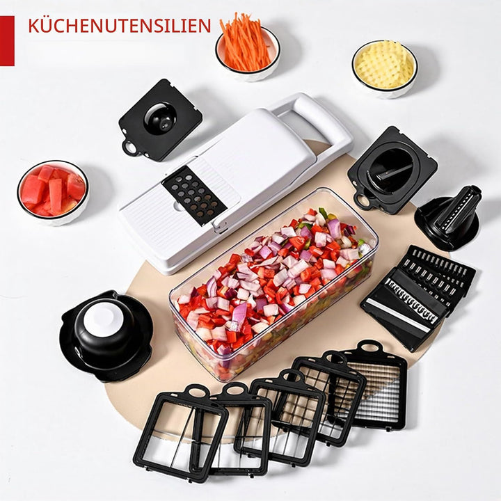 25-in-1 Gemüseschneider mit 13 Klingen – Gemüsehobel – Lebensmittelzerkleinerer mit Behälter – Käser