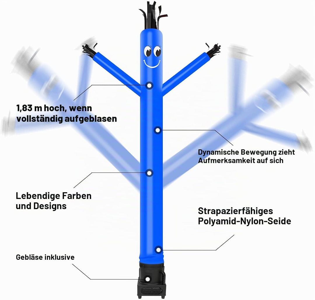MOUNTO 1,8 m Fliegenpuppe Tänzerin mit 1/3 PS Gebläse, Komplett-Set (blau), Blau