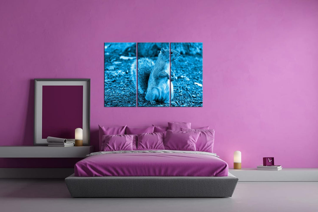 deyoli niedliches Eichhörnchen im Park Format 120x80 3Teilig Effekt: Monocrome Blau als Leinwandbild