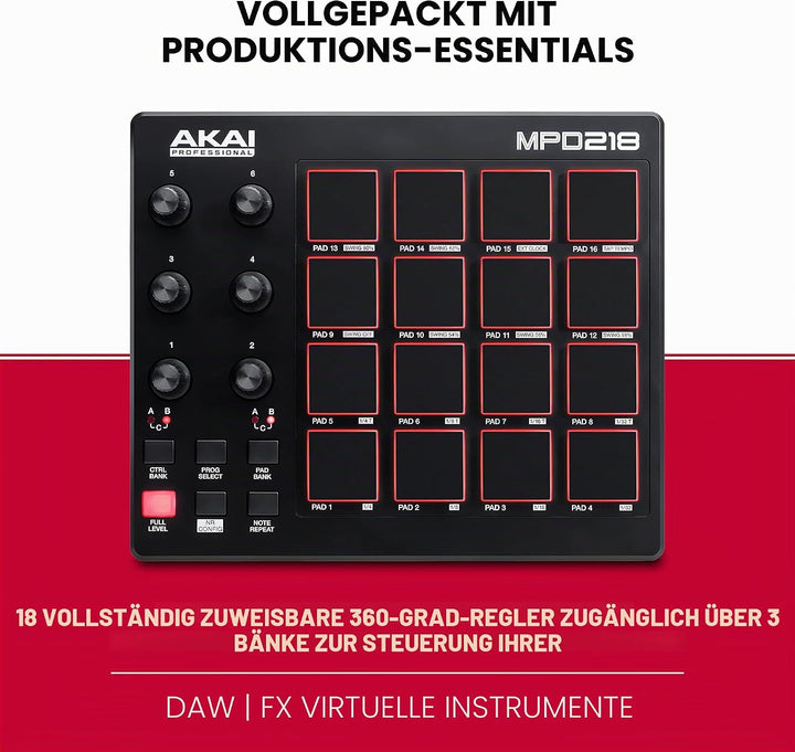 AKAI Professional MPD218 - MIDI Pad Controller, Drum Pad Machine, Beat Maker mit 16 Pads &amp; AKAI Prof