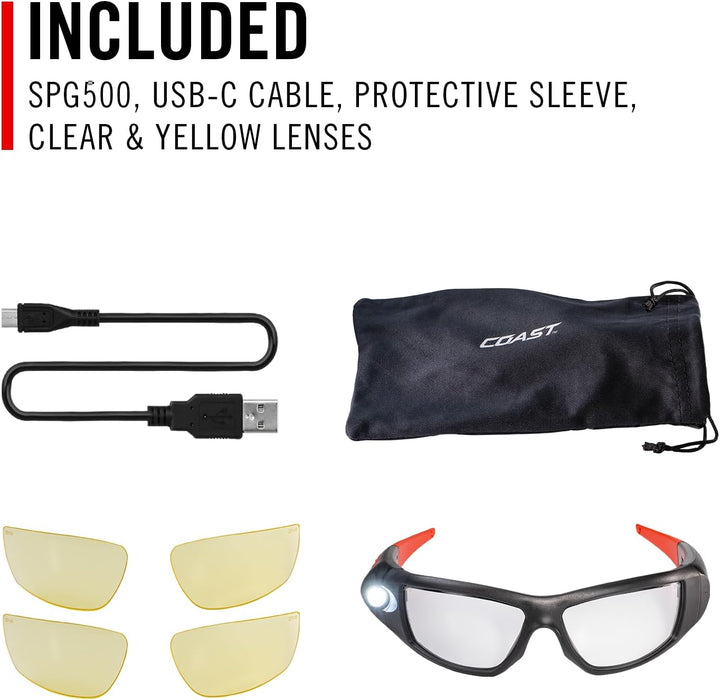 Coast SPG500 Wiederaufladbare LED-Sicherheitsbrille mit Beleuchtung, Bulls-Eye Spot-Strahl, ANSI Z87