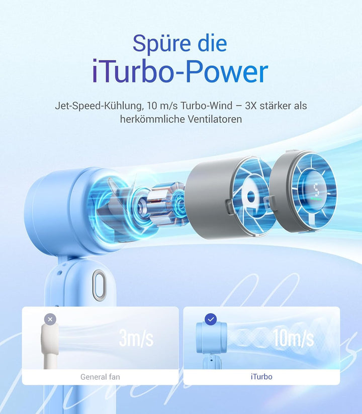 Diveblues 3-in-1 Handventilator Turbo Ventilator mit 4000mAh USB-Akku Aufladbar, 5 Stufen, Faltbar T