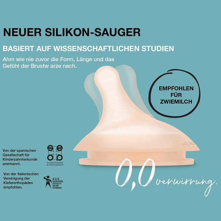 Suavinex, Zero Zero Anti-Kolik Babyflaschen-Set, 4 Baby-Fläschchen: 2 x 180ml mit anpassbarem Nahrun