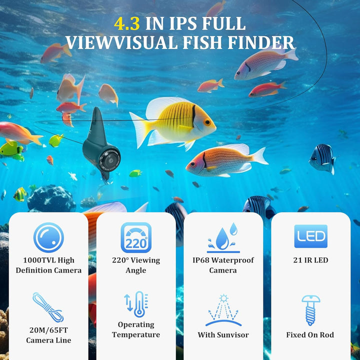Unterwasserkamera Angeln Fishfinder, Fish Finder Kamera mit 4.3 Zoll IPS Display und 15m Kabel, Wass