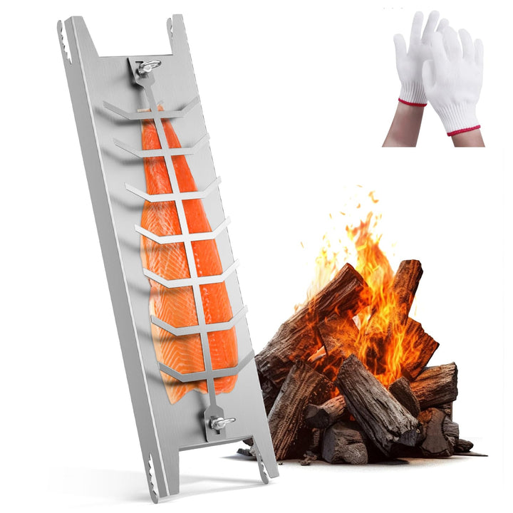 Flammlachsbrett Edelstahl, Flammlachs für Feuerschalen & Kugelgrills 59 x 16cm, Lachsbrett mit 180°