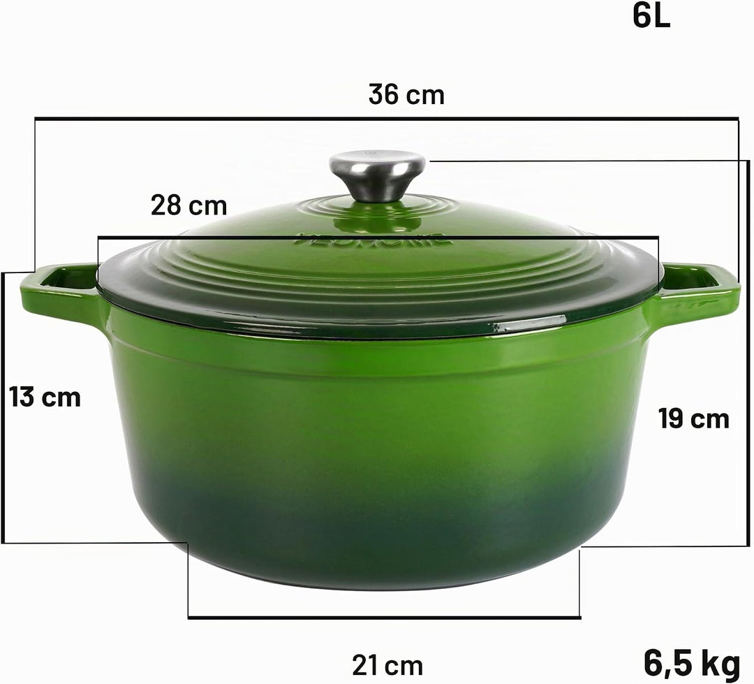 VeoHome Gusseisentopf 6L | Bräter | Gusseisen Topf Grün - Schmortopf |Bratentopf | Bratpfanne | Koch