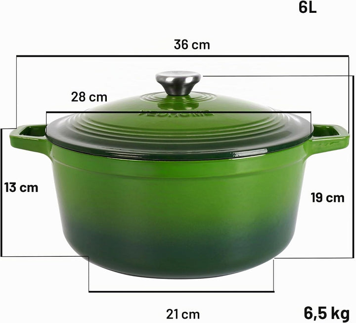 VeoHome Gusseisentopf 6L | Bräter | Gusseisen Topf Grün - Schmortopf |Bratentopf | Bratpfanne | Koch