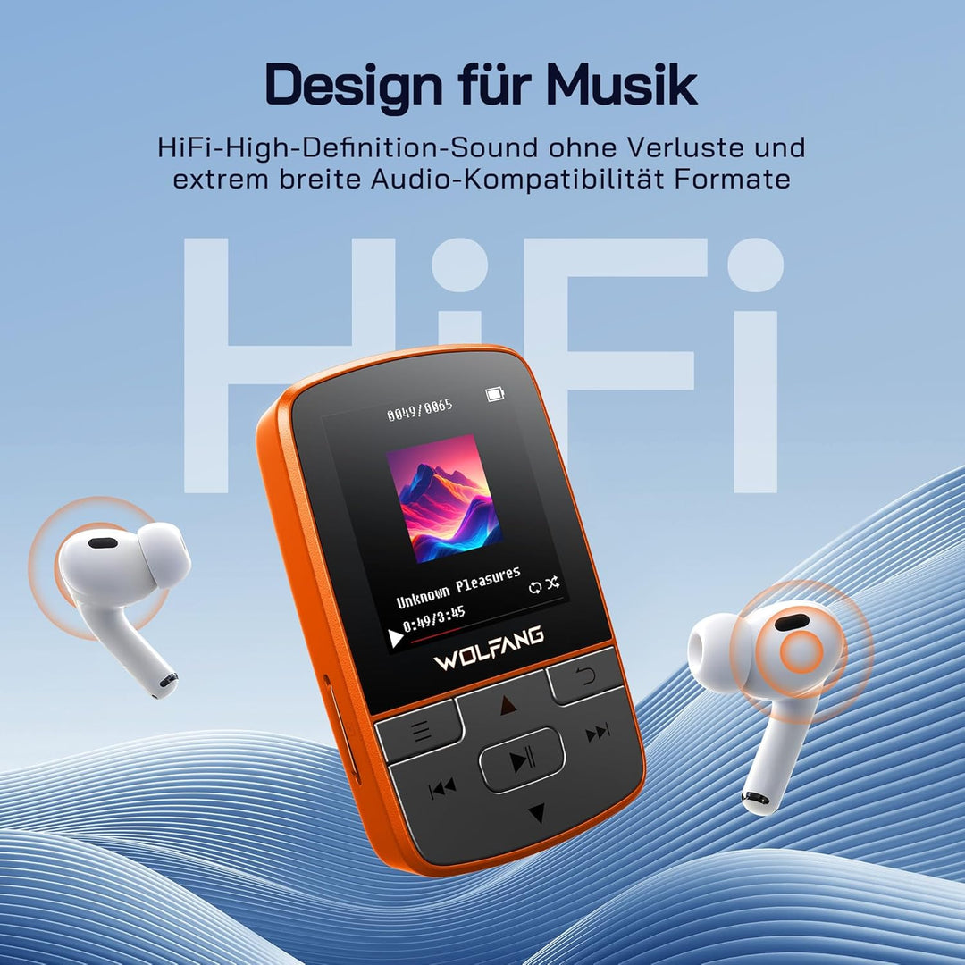 WOLFANG 64 GB MP3-Player mit Bluetooth 5.2, Sportclip, Mini-Grösse, Gewicht 28,3 g, HiF-FM-Radio, Di