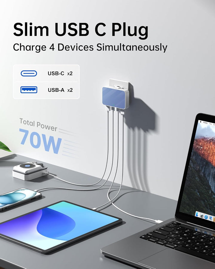 65W USB C Ladegerät Flach,USB Mehrfachstecker Ladestation mit 4 Ports,Reise Schnellladegerät USB C f