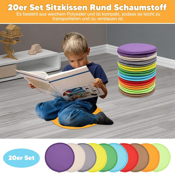 20er Set Sitzkissen Rund Schaumstoff Outdoor Kinder rutschfest Bodenkissen Sitzunterlage für Kinder,