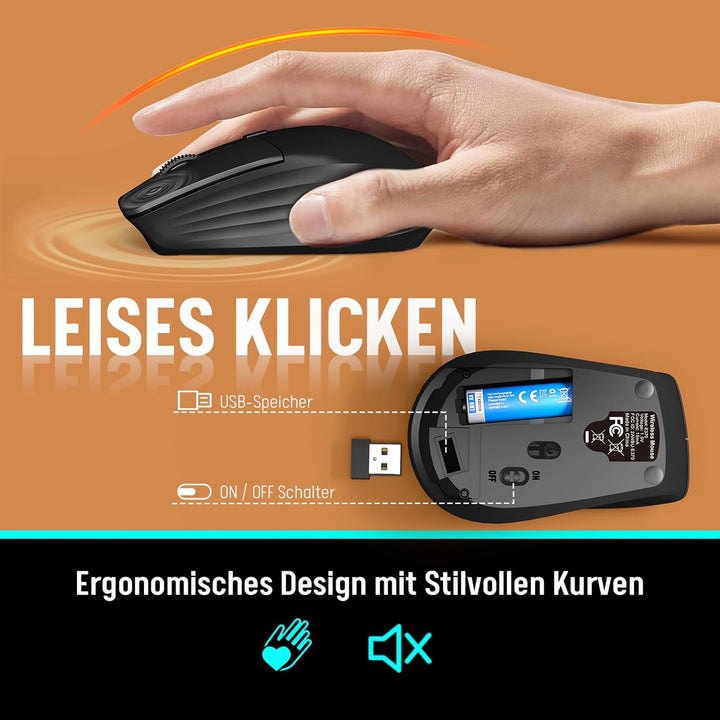 Tastatur Maus Set Kabellos, Leise 2,4 GHz Tastatur in voller Grösse mit Handballenauflage, Telefonha