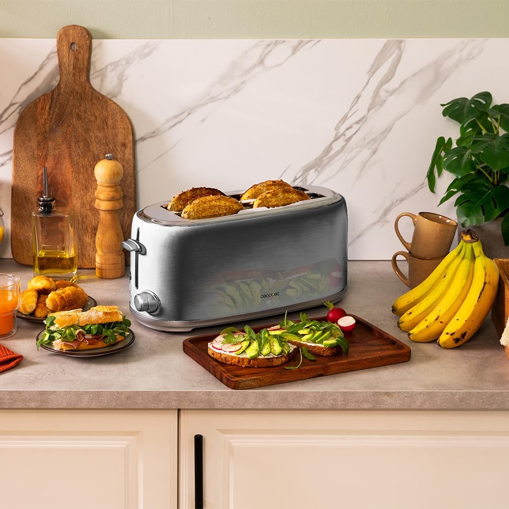 Cecotec Toaster 4 Scheiben Toast&Taste 1600 Retro Double Inox, 1630 W, 2 Breite und Lange Schlitze v