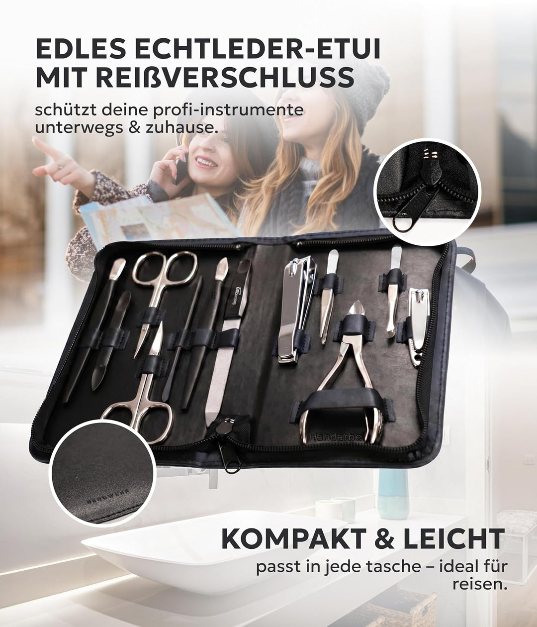 Solingen Reissverschlussetui Schwarz 12-teilig – Maniküre Set aus LWG Leder, präzise Nagelpflege – f