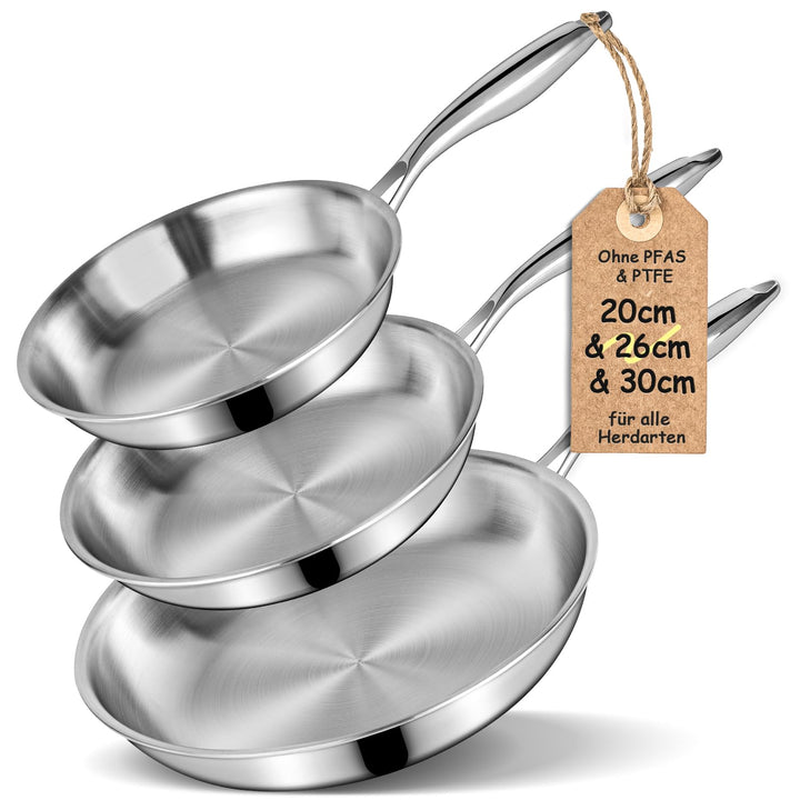 Dreilagige Edelstahl-Bratpfannen-Set 20/26/30 cm – Edelstahlpfanne unbeschichtet & Induktionspfanne,