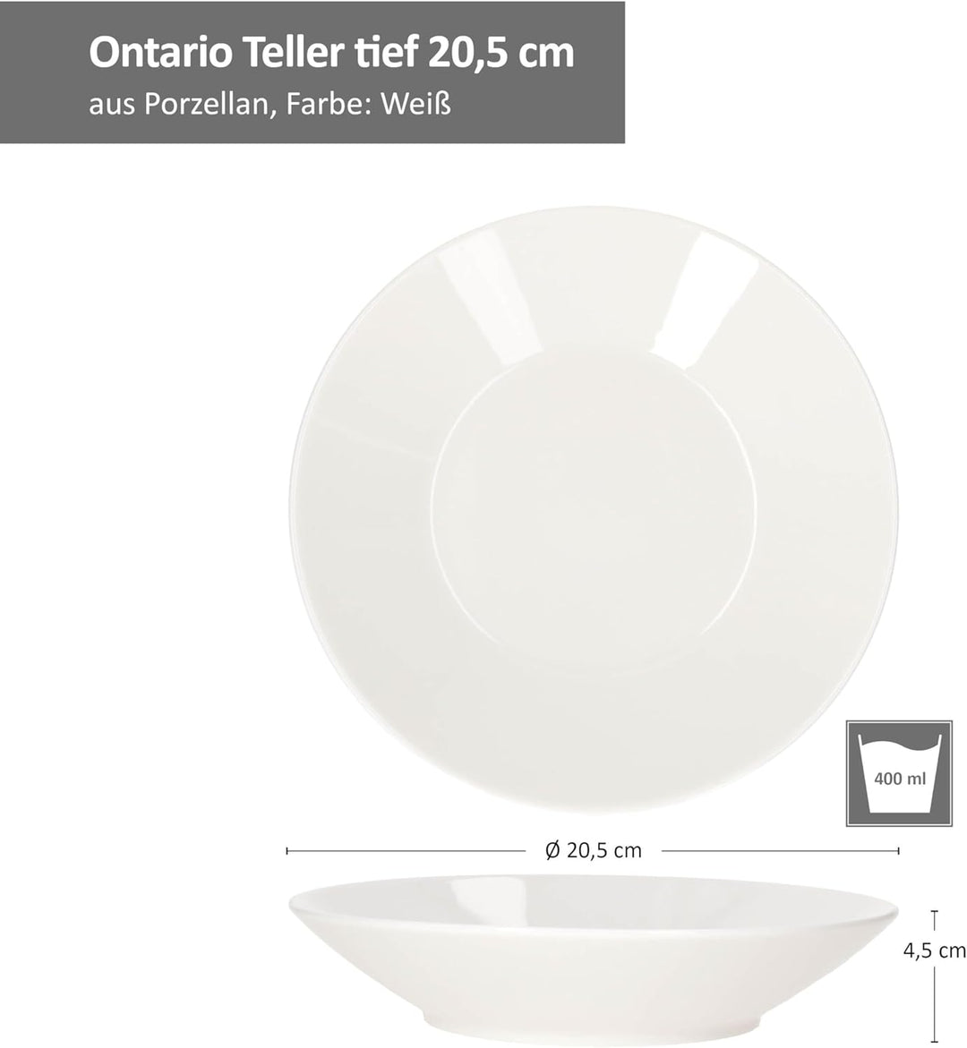 Ritzenhoff & Breker Ontario 6er Set Suppenteller I 400ml I weisse Tiefe Porzellan-Teller für 6 Perso