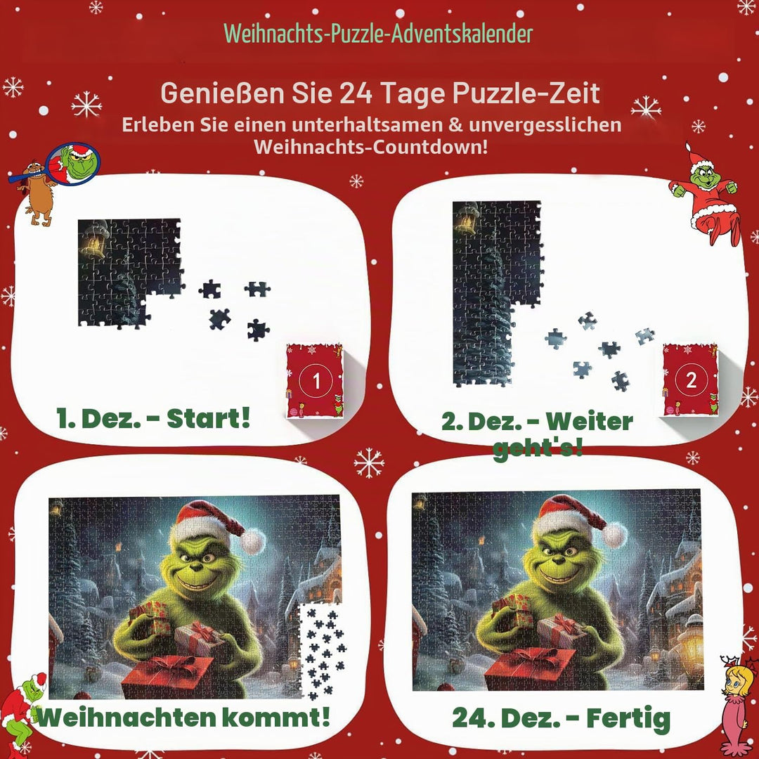Adventskalender Grinch Puzzles für Kinder und Erwachsene, 24er-Box mit 1008 Teilen, Weihnachtspuzzle