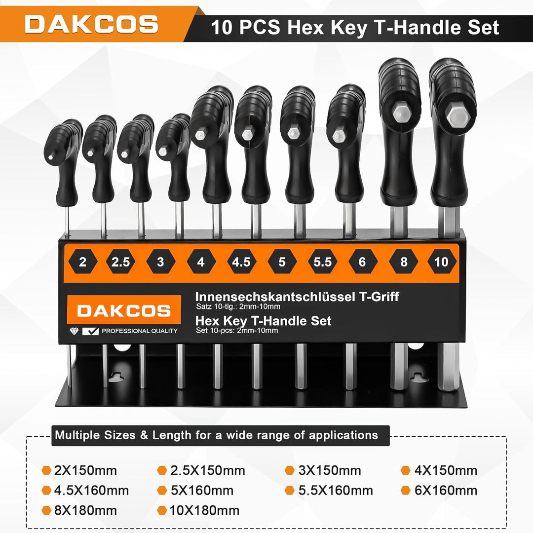 DAKCOS 10 tlg Sechskantschlüssel Set mit T-Griff Innensechskant-Stiftschlüssel Sechskantschraubendre