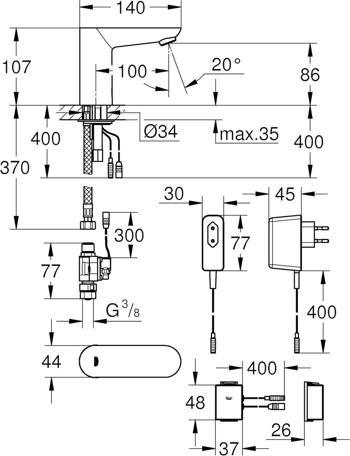 GROHE Euroeco Cosmopolitan E Bluetooth - Infrarot-Elektronik für Waschtisch (wassersparend, automati