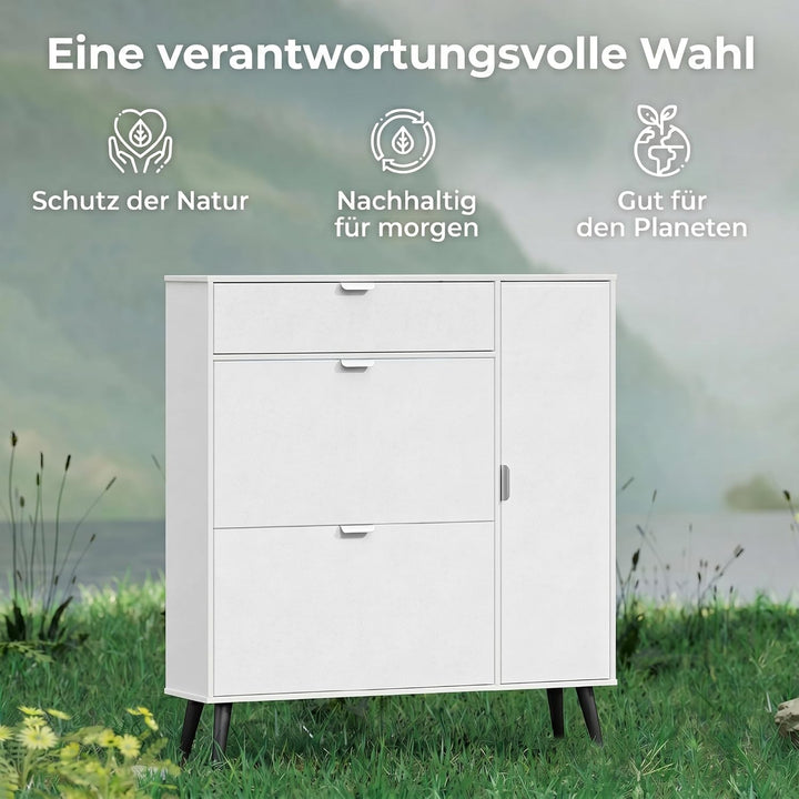 HOMCOM Schuhschrank mit 2 Klappen, Schmal Schuhkipper mit 2 Soft-Close-Türen mit Lederoptik, Verstel