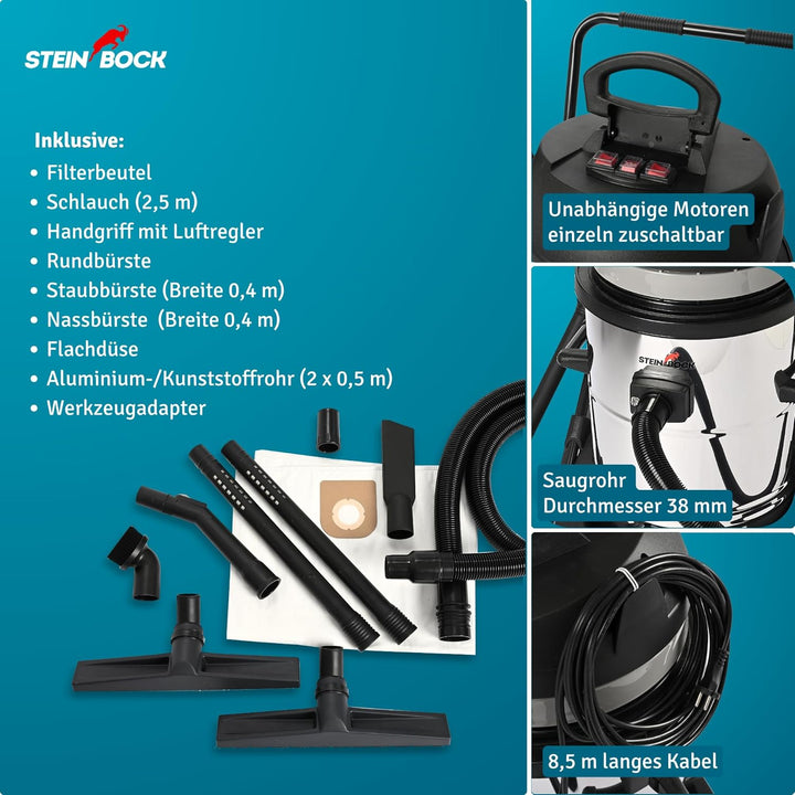 Steinbock Industriesauger nass & trocken| 3.300 Watt | 78 l Fassungsvermögen | mit 3 leistungsstarke