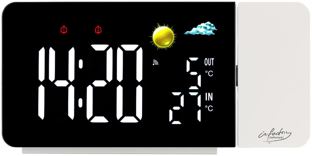 infactory Projektions Funkwecker: Funk-Wetterstation mit Projektionswecker, Aussensensor, USB-Port,