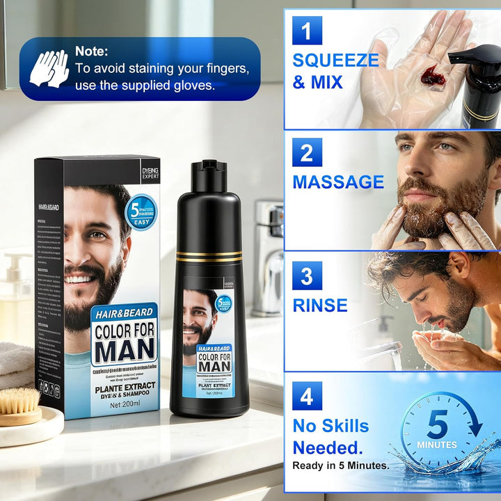 Schnurrbart und Bart Schwarz Farbstoff For Men,Graue Haare an Bart und Schläfen abdecken,Schnelle An
