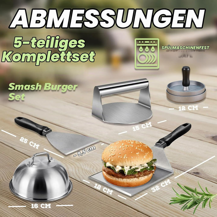 Smash Burger Set 5-TLG, Grillspachtel Set aus Edelstahl für Grillplatte Teppanyaki, Plancha Grill Zu