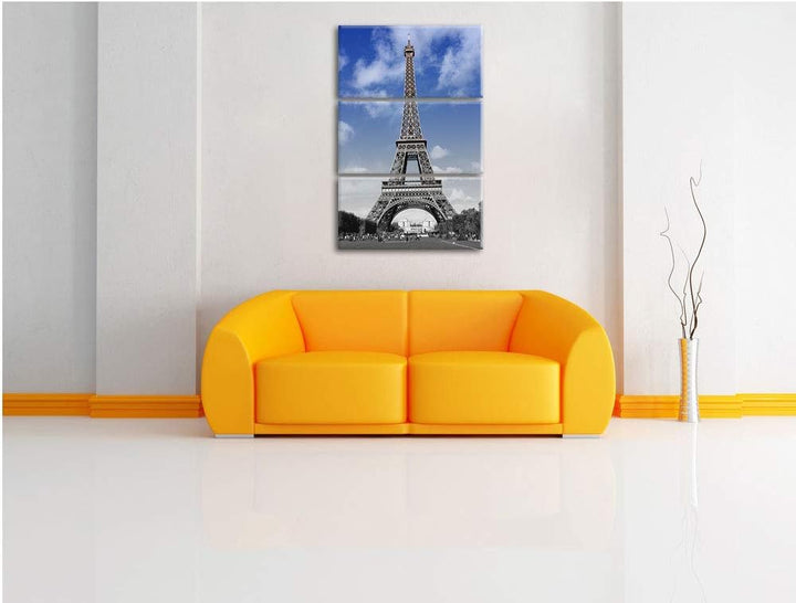Eifelturm mit blauem Himmel Paris schwarz/weiss 3-Teiler Leinwandbild 120x80 Bild auf Leinwand, XXL