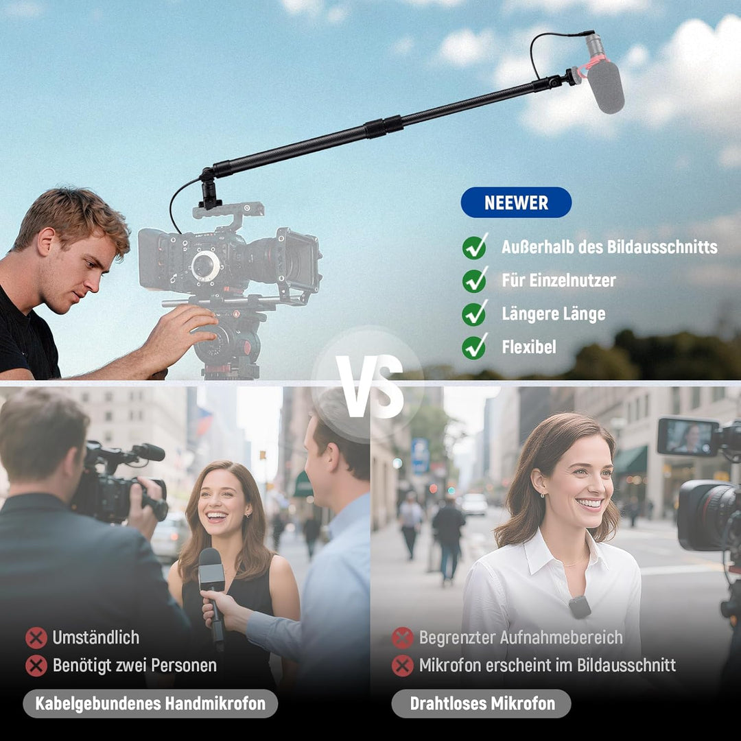 NEEWER Mikrofon Tonangel aus Kohlefaser, 44–92cm ausziehbar Microphone Boompole, Mic Arm mit integri