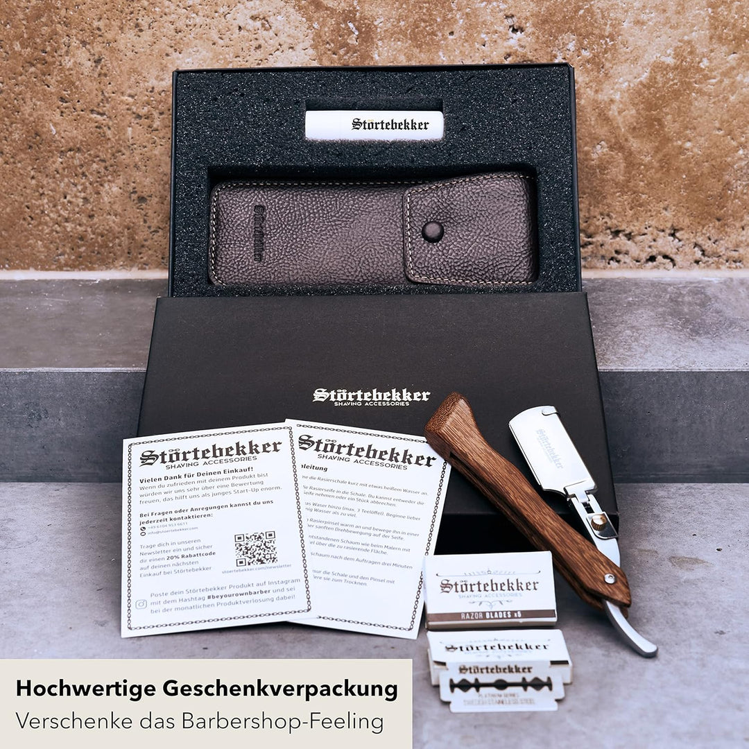 Störtebekker® Rasiermesser mit Holzgriff im handgefertigten Lederetui inkl. Alaunstift - inkl. Rasur