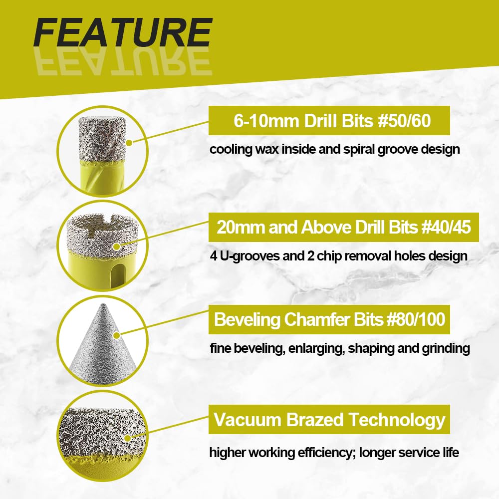 Diamant Bohrkrone 10 Stücke (6/6/8/20/25/35/45/50/65mm+50mm Diamant Fasenbohrer) Fliesenbohrer mit D