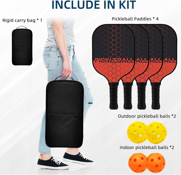 Pickleball Set, Pickleball Schläger mit Fiberglas Oberfläche Pickle Ball Paddles mit 4 Bällen Ausrüs